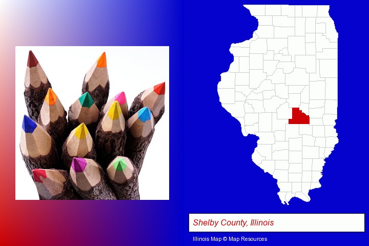 colored pencils; Shelby County, Illinois highlighted in red on a map