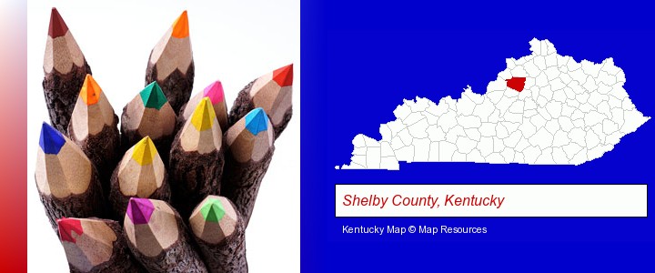 colored pencils; Shelby County, Kentucky highlighted in red on a map
