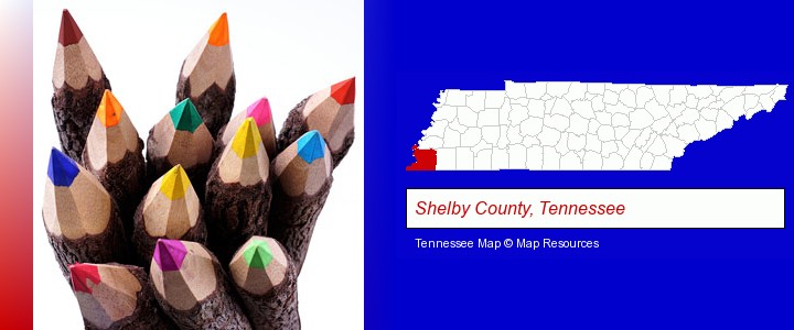 colored pencils; Shelby County, Tennessee highlighted in red on a map