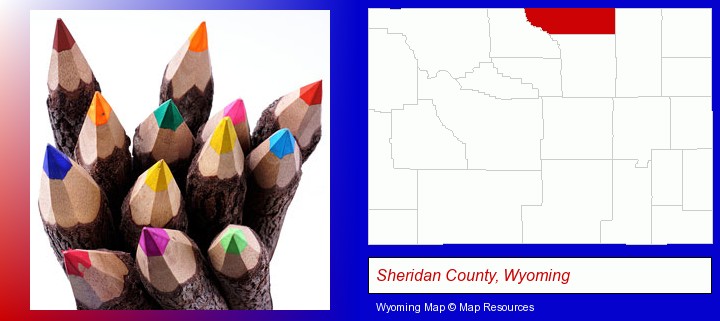 colored pencils; Sheridan County, Wyoming highlighted in red on a map