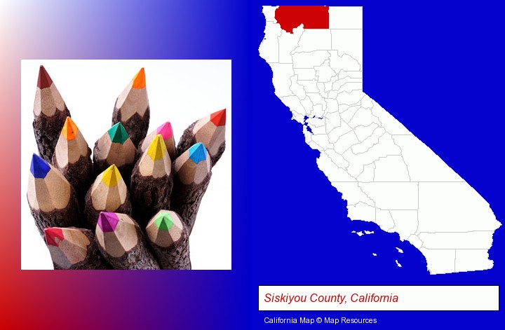 colored pencils; Siskiyou County, California highlighted in red on a map