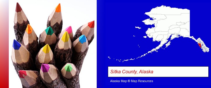 colored pencils; Sitka County, Alaska highlighted in red on a map