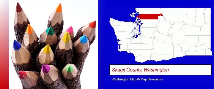 colored pencils; Skagit County, Washington highlighted in red on a map