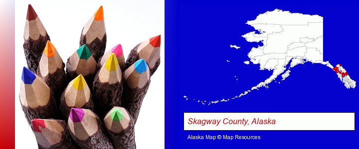 colored pencils; Skagway County, Alaska highlighted in red on a map