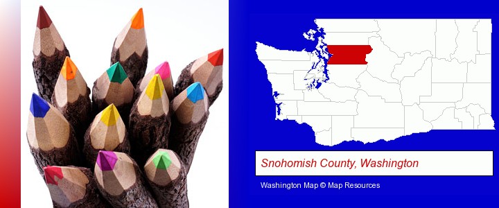 colored pencils; Snohomish County, Washington highlighted in red on a map