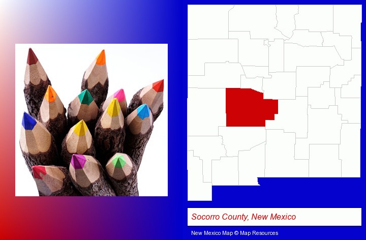 colored pencils; Socorro County, New Mexico highlighted in red on a map