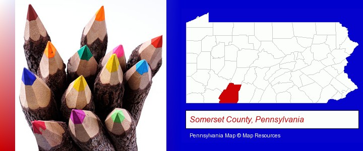 colored pencils; Somerset County, Pennsylvania highlighted in red on a map
