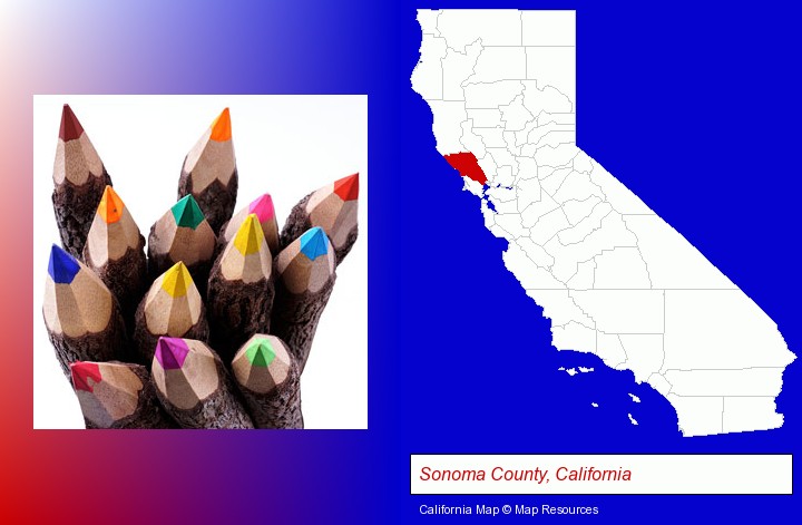 colored pencils; Sonoma County, California highlighted in red on a map