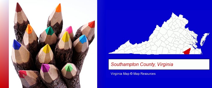 colored pencils; Southampton County, Virginia highlighted in red on a map