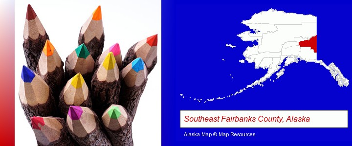 colored pencils; Southeast Fairbanks County, Alaska highlighted in red on a map