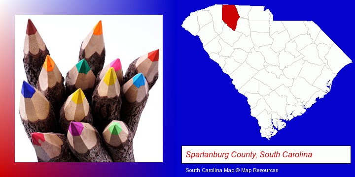 colored pencils; Spartanburg County, South Carolina highlighted in red on a map
