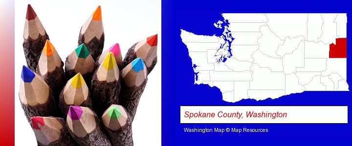 colored pencils; Spokane County, Washington highlighted in red on a map