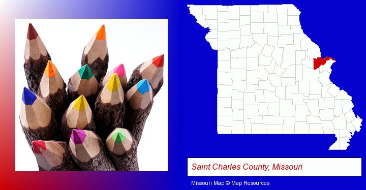 colored pencils; Saint Charles County, Missouri highlighted in red on a map