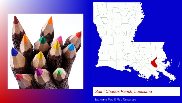 colored pencils; Saint Charles Parish, Louisiana highlighted in red on a map