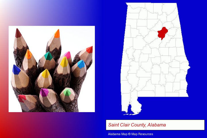 colored pencils; Saint Clair County, Alabama highlighted in red on a map