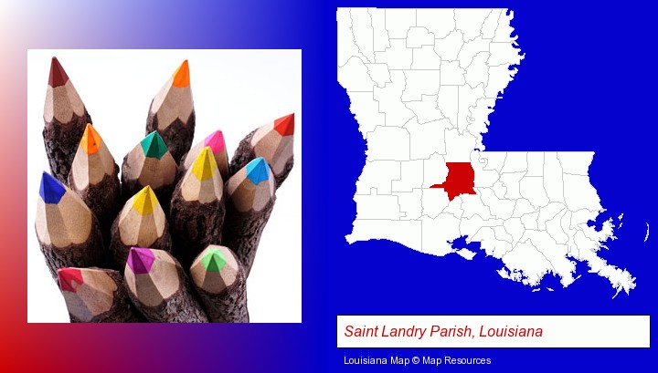 colored pencils; Saint Landry Parish, Louisiana highlighted in red on a map
