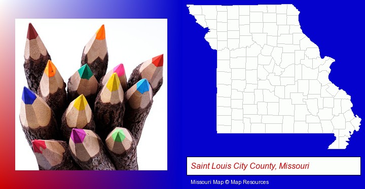 colored pencils; Saint Louis City County, Missouri highlighted in red on a map
