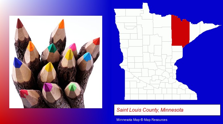 colored pencils; Saint Louis County, Minnesota highlighted in red on a map