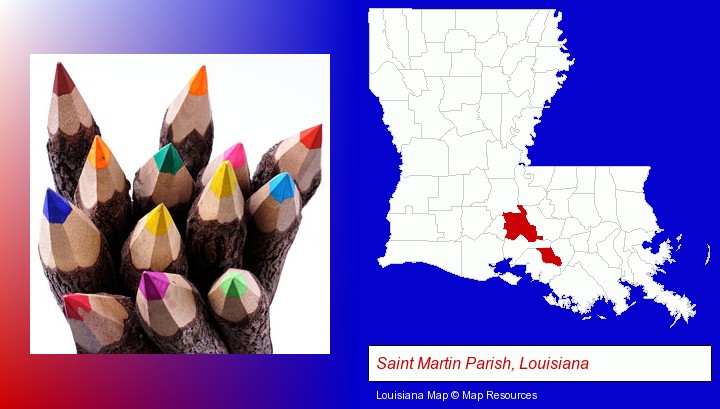 colored pencils; Saint Martin Parish, Louisiana highlighted in red on a map