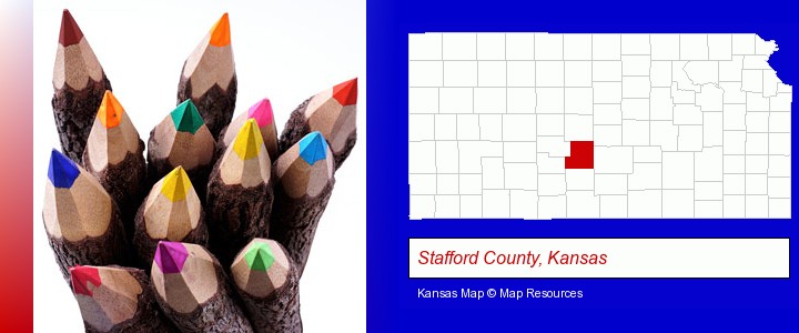colored pencils; Stafford County, Kansas highlighted in red on a map