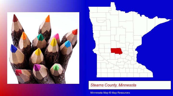 colored pencils; Stearns County, Minnesota highlighted in red on a map