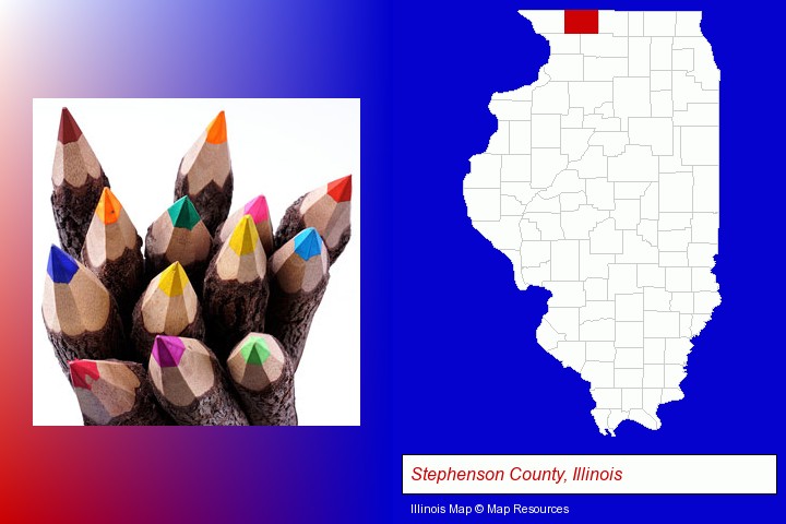 colored pencils; Stephenson County, Illinois highlighted in red on a map