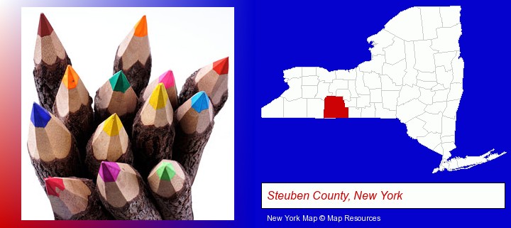 colored pencils; Steuben County, New York highlighted in red on a map