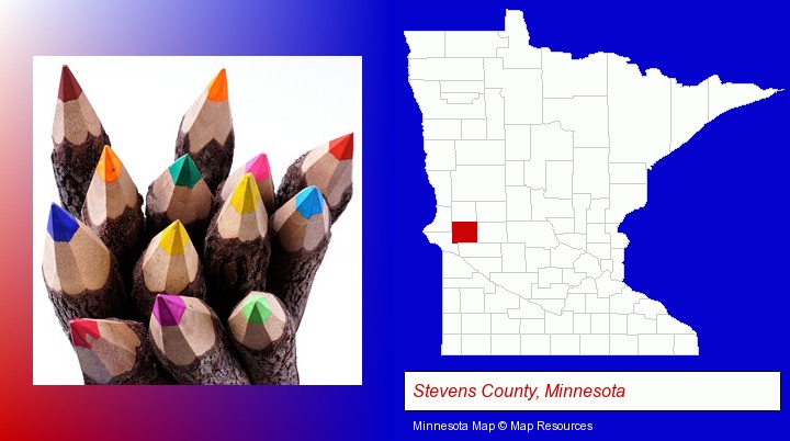 colored pencils; Stevens County, Minnesota highlighted in red on a map