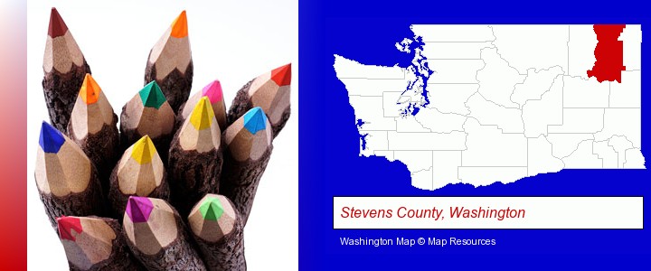 colored pencils; Stevens County, Washington highlighted in red on a map