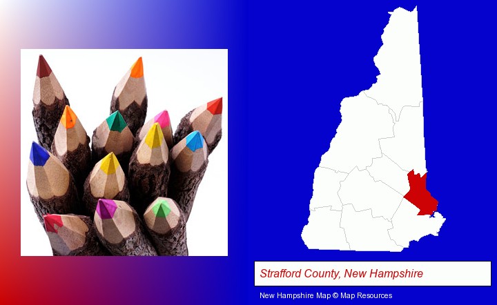 colored pencils; Strafford County, New Hampshire highlighted in red on a map