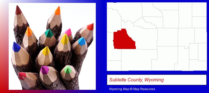 colored pencils; Sublette County, Wyoming highlighted in red on a map