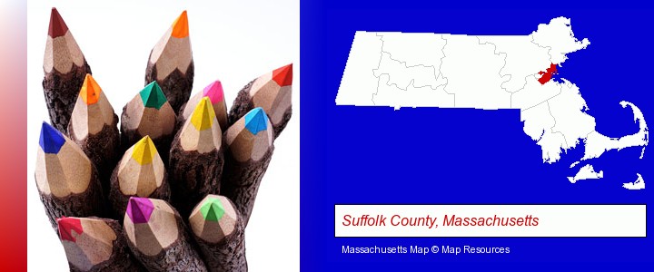 colored pencils; Suffolk County, Massachusetts highlighted in red on a map