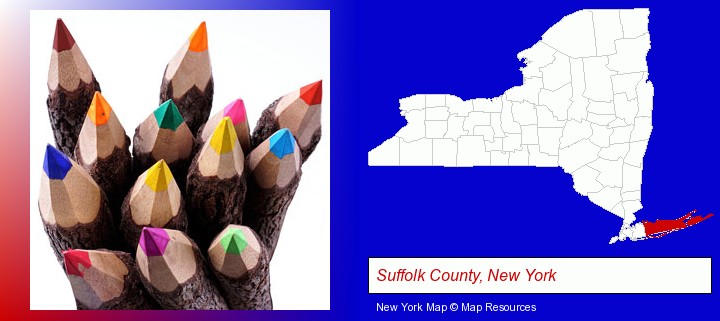 colored pencils; Suffolk County, New York highlighted in red on a map