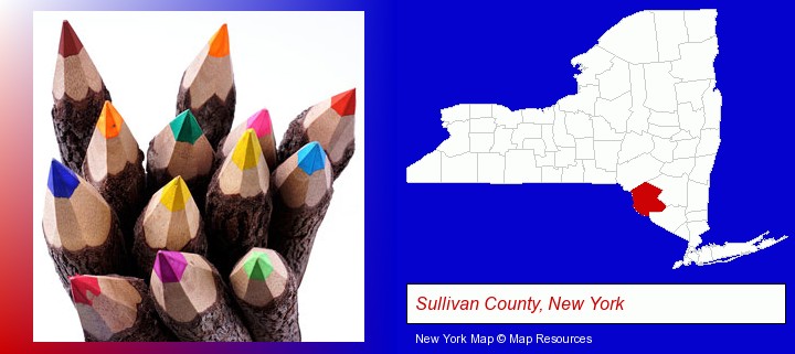 colored pencils; Sullivan County, New York highlighted in red on a map