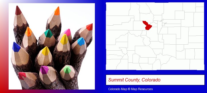 colored pencils; Summit County, Colorado highlighted in red on a map