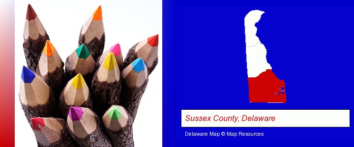 colored pencils; Sussex County, Delaware highlighted in red on a map