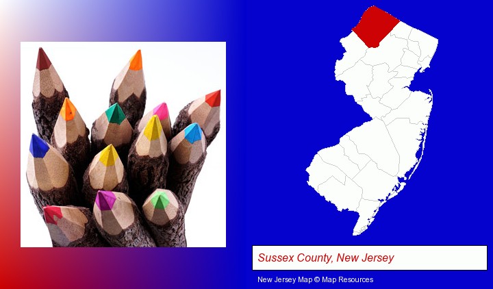 colored pencils; Sussex County, New Jersey highlighted in red on a map