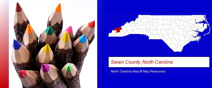colored pencils; Swain County, North Carolina highlighted in red on a map