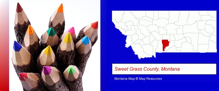 colored pencils; Sweet Grass County, Montana highlighted in red on a map