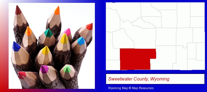 colored pencils; Sweetwater County, Wyoming highlighted in red on a map