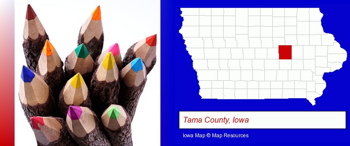 colored pencils; Tama County, Iowa highlighted in red on a map