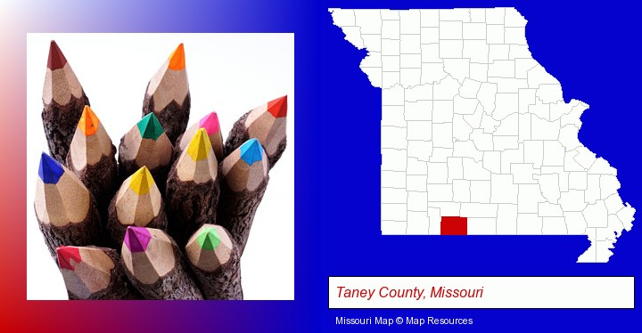 colored pencils; Taney County, Missouri highlighted in red on a map