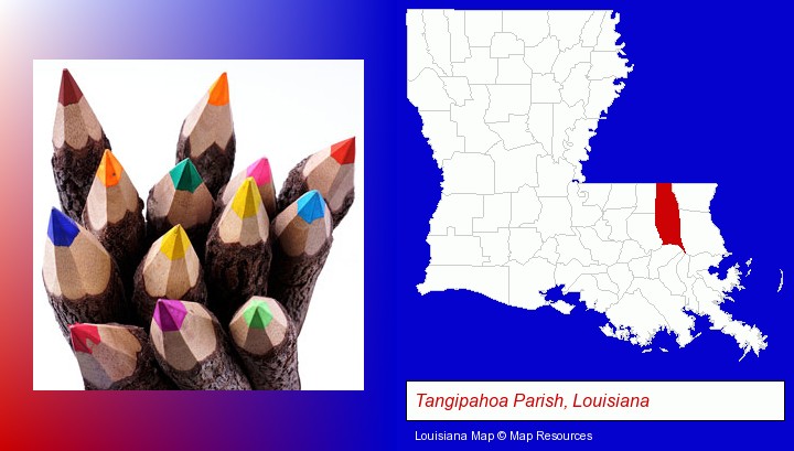 colored pencils; Tangipahoa Parish, Louisiana highlighted in red on a map