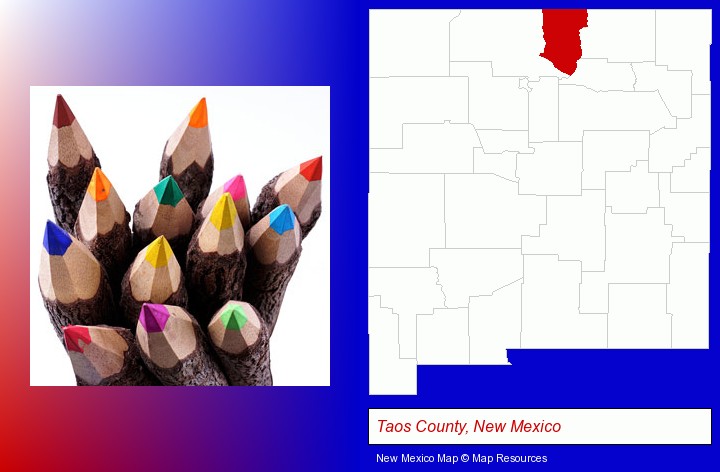 colored pencils; Taos County, New Mexico highlighted in red on a map