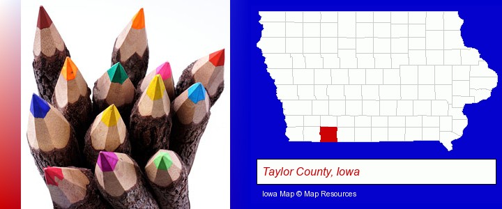 colored pencils; Taylor County, Iowa highlighted in red on a map