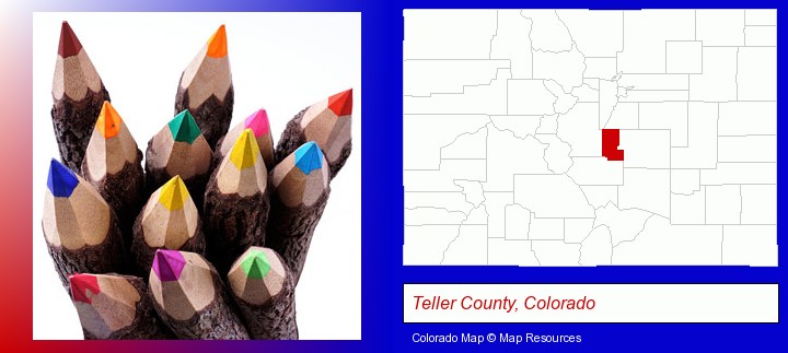 colored pencils; Teller County, Colorado highlighted in red on a map