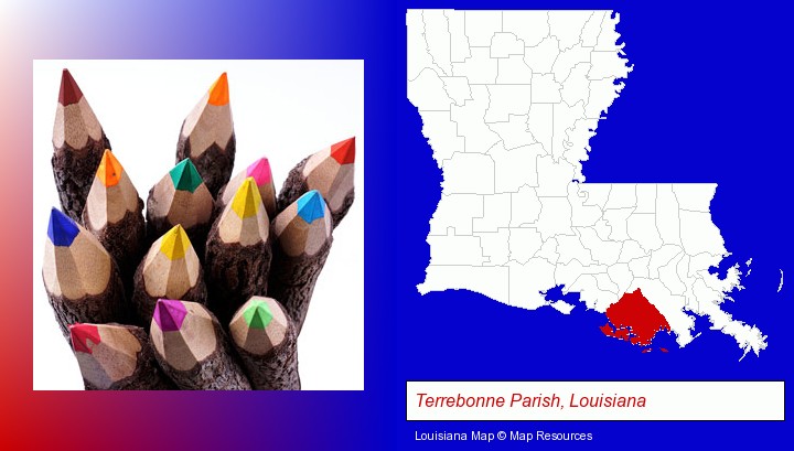 colored pencils; Terrebonne Parish, Louisiana highlighted in red on a map