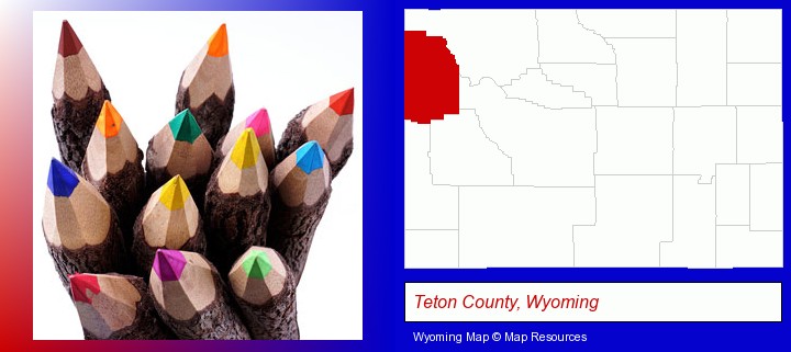 colored pencils; Teton County, Wyoming highlighted in red on a map