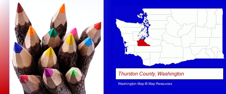 colored pencils; Thurston County, Washington highlighted in red on a map