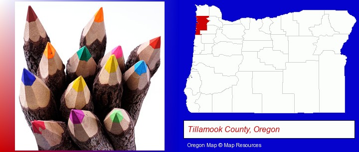 colored pencils; Tillamook County, Oregon highlighted in red on a map